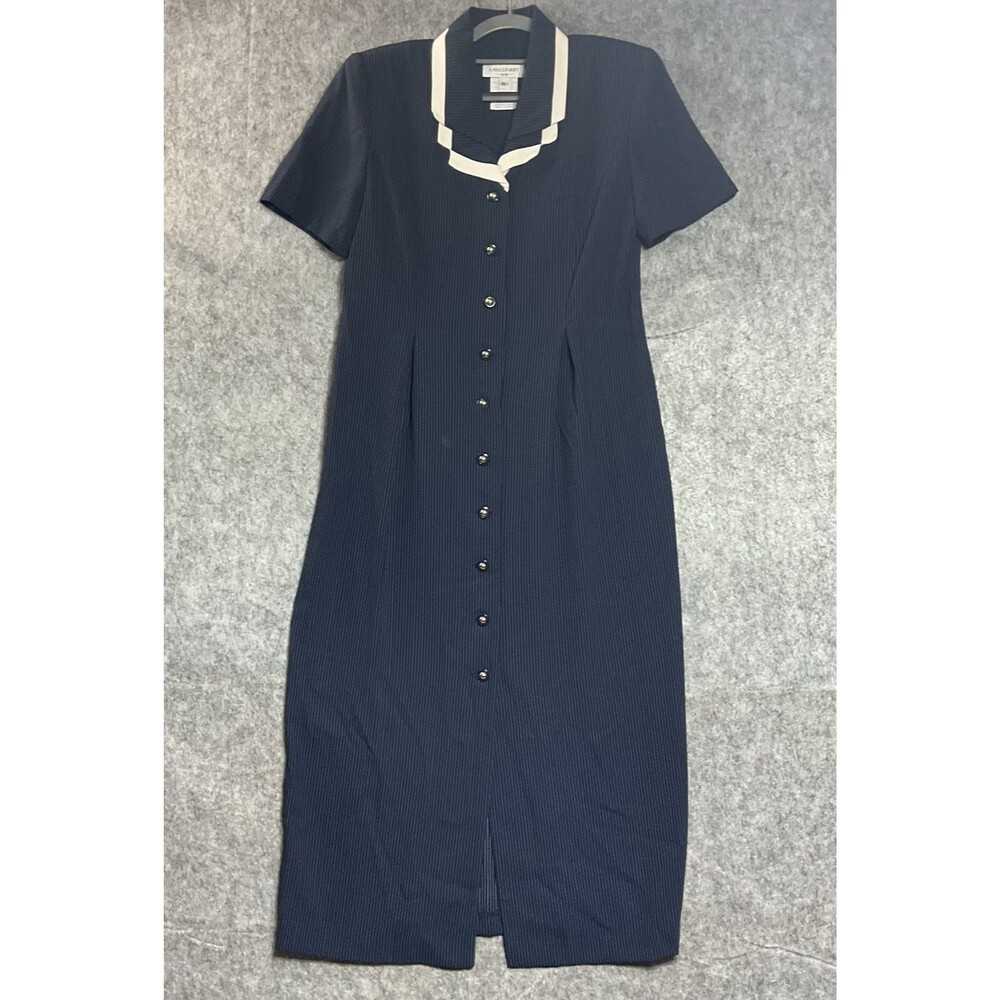 Vintage Dress Women 10 Blue Pinstripe Button Front Maxi Classic Office Work 90s
